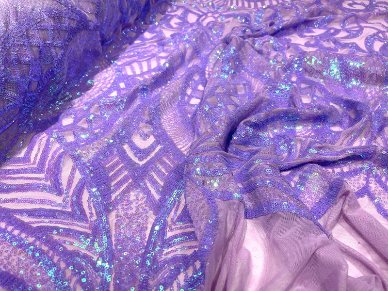 Lavender iridescent royalty design on a 4 way stretch mesh-prom-sold by the yard.