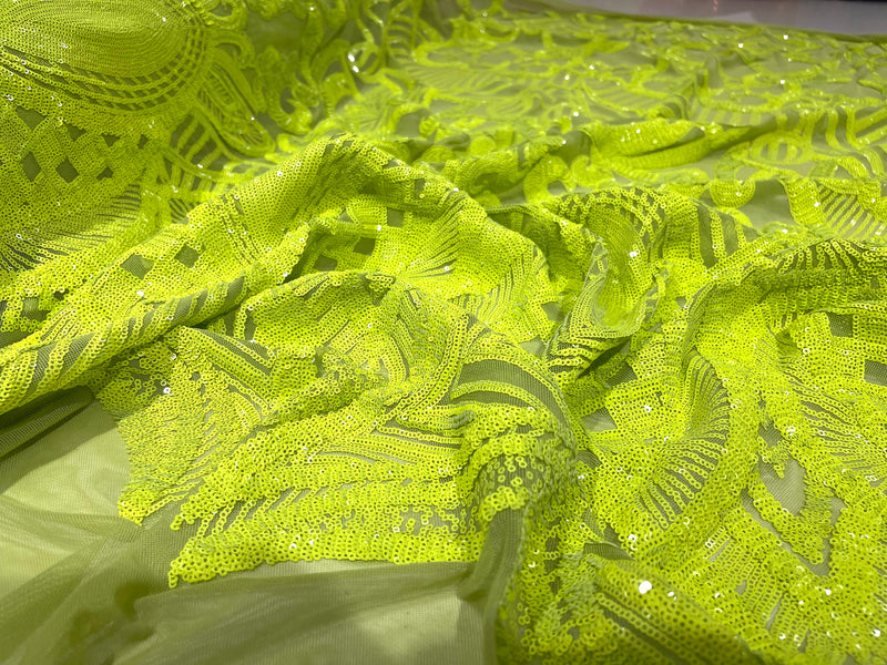 Neon Green iridescent royalty design on a green 4 way stretch mesh-prom-sold by the yard.