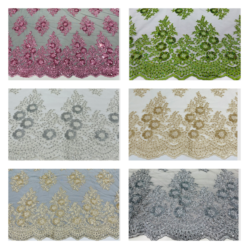 Floral corded embroider with glitter sequins on a mesh lace fabric-sold by the yard