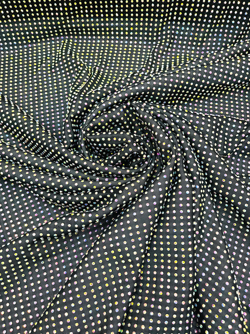 AB-Iridescent Rhinestones On Soft Stretch Nylon Power Mesh Fabric 54” Wide -sold by The Yard.