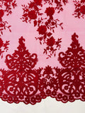 Elegant flower damask flat lace embroidery on a mesh-sold by the yard.