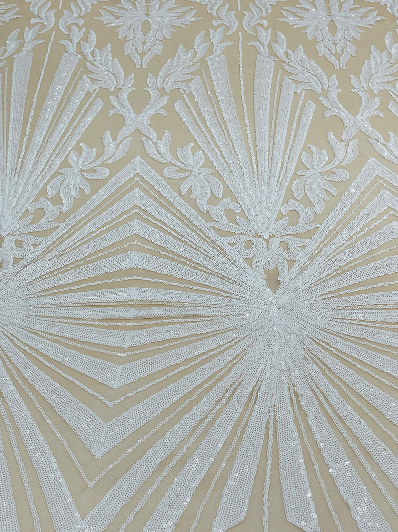 White sequin damask design on a  nude 4 way stretch mesh- sold by the yard.
