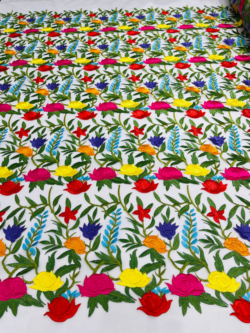 Maria multi color Mexican Sarape floral design embroider on a mesh lace-sold by the yard.