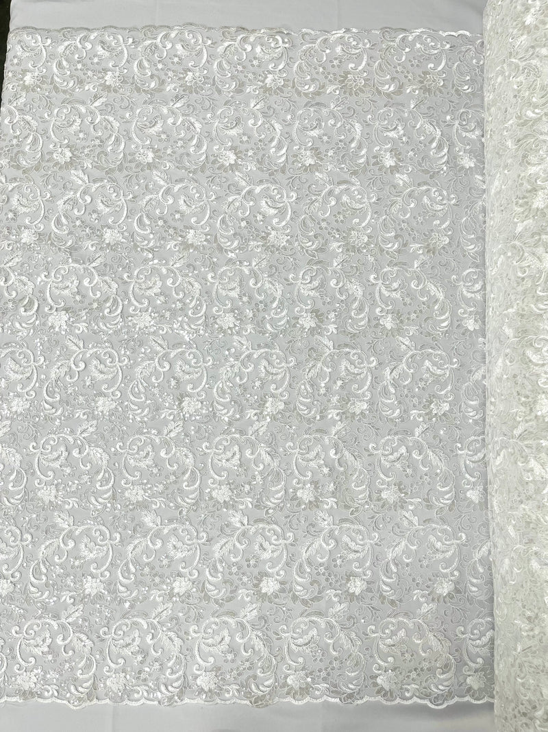 Angela Metallic corded embroider flowers with sequins on a mesh lace fabric-prom-sold by the yard.