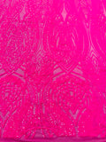 Feather damask shiny sequin design on a 4 way stretch mesh Fabric-prom-sold by the yard.