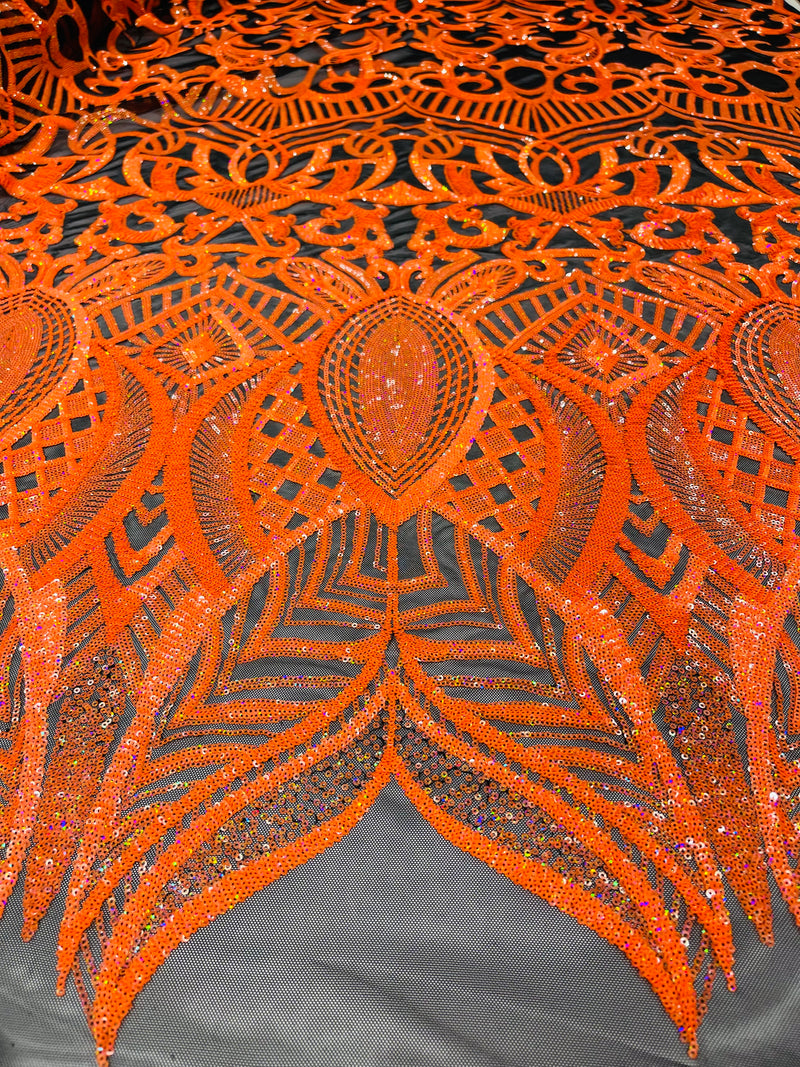 Neon Orange iridescent royalty design on a black 4 way stretch mesh-prom-sold by the yard.