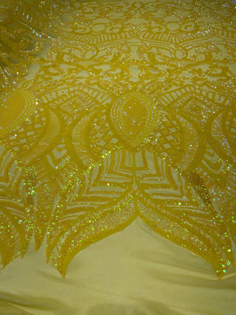 Bright Yellow iridescent royalty design on a 4 way stretch mesh-prom-sold by the yard.