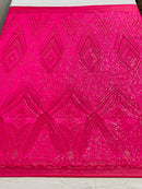 Queens geometric diamond design with shiny sequins on a 4 way stretch mesh fabric- sold by the yard.