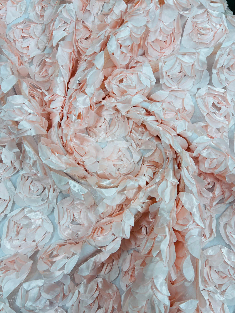 3D Rosette Embroidery Satin Rose Flowers Floral Mesh Fabric by the yard.