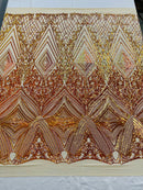 Queens geometric diamond design with shiny sequins on a 4 way stretch mesh fabric- sold by the yard.