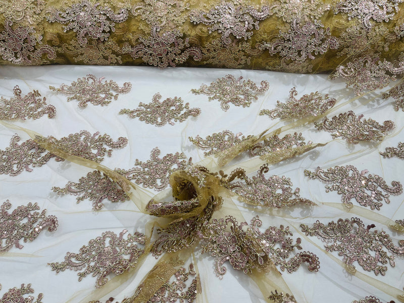 Rose gold  floral design embroidery on a mesh lace with sequins and metallic cord-sold by the yard.