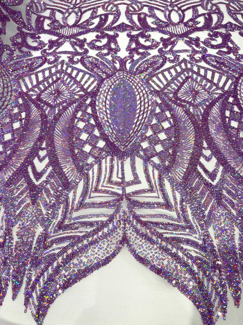 Lavender iridescent royalty design on a pink 4 way stretch mesh-prom-sold by the yard.