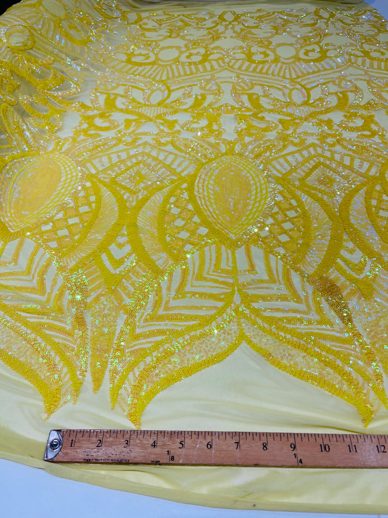 Bright Yellow iridescent royalty design on a 4 way stretch mesh-prom-sold by the yard.