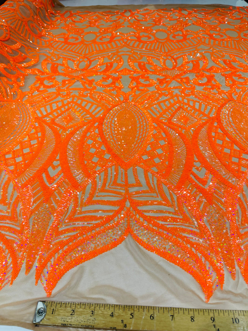 Neon Orange iridescent royalty design on a skin 4 way stretch mesh-prom-sold by the yard.