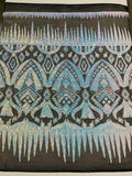 Aztec geometric design with shiny sequins on a 4 way stretch mesh fabric- sold by the yard.