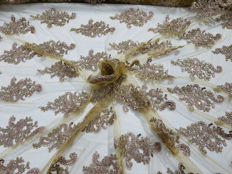 Rose gold  floral design embroidery on a mesh lace with sequins and metallic cord-sold by the yard.