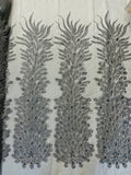 New Vegas heavy beaded feather design embroidery on a mesh fabric-Sold by the panel
