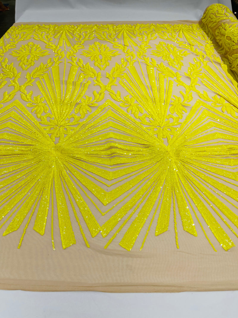 Yellow sequin damask design on a  nude 4 way stretch mesh- sold by the yard.