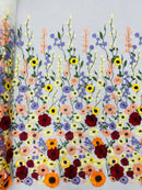 Multi color Sun flower 3d design embroider in a mesh lace-sold by the yard.