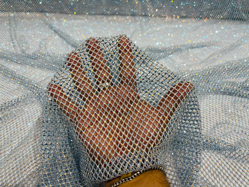 Iridescent Rhinestones Fabric On White Stretch Net Fabric, Spandex Fish Net  with Crystal Stones sold by the yard