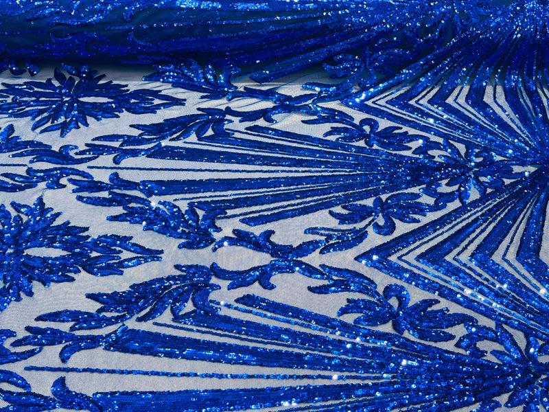 Royal blue sequin damask design on a 4 way stretch mesh- sold by the yard.