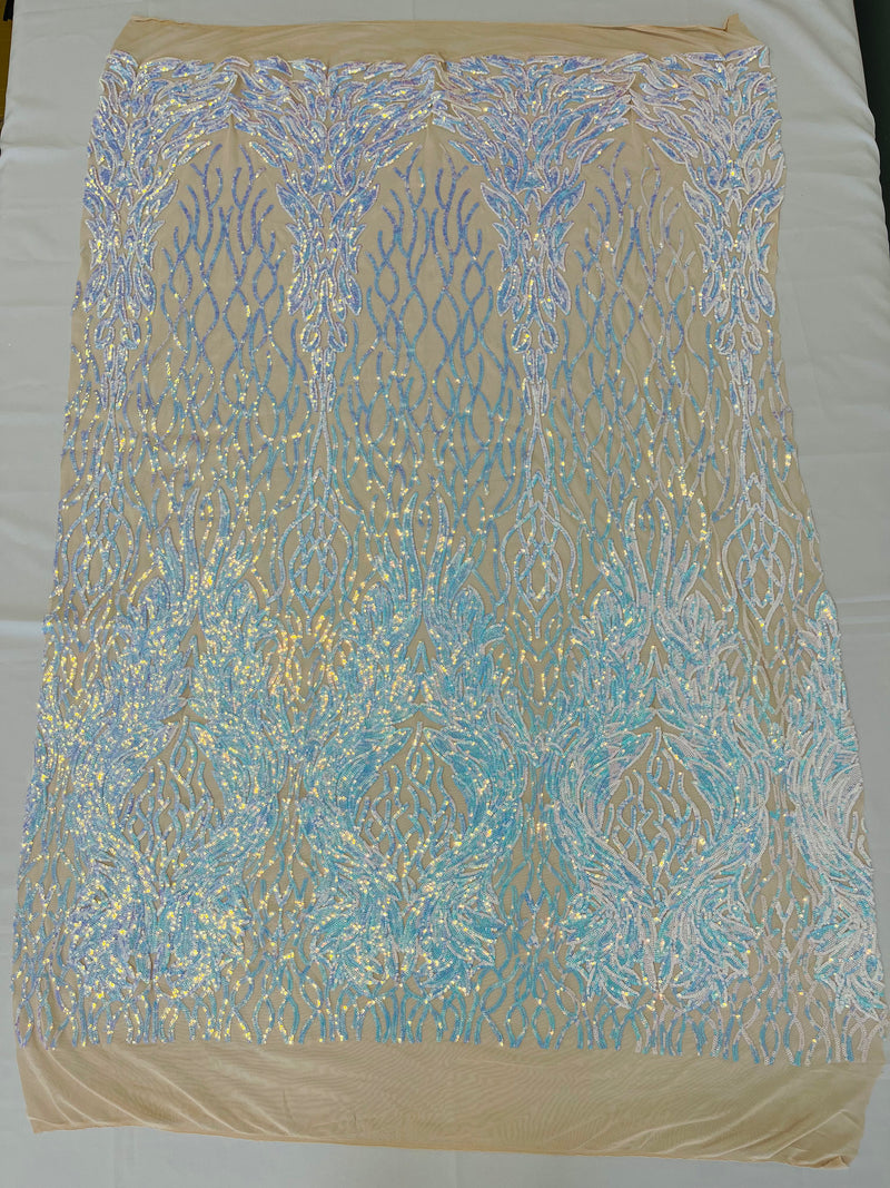 Damask iridescent sequin design on a nude 4 way stretch mesh fabric-prom-sold by the yard.