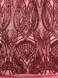 Feather damask shiny sequin design on a 4 way stretch mesh Fabric-prom-sold by the yard.