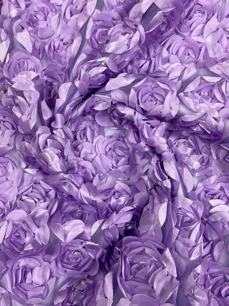 3D Rosette Embroidery Satin Rose Flowers Floral Mesh Fabric by the yard.
