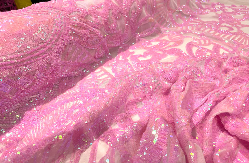 Candy Pink iridescent royalty design on a light pink 4 way stretch mesh-prom-sold by the yard.
