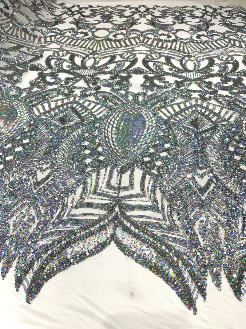 Silver iridescent royalty design on a white 4 way stretch mesh-prom-sold by the yard.