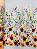 Multi color Sun flower 3d design embroider in a mesh lace-sold by the yard.