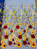 Multi color Sun flower 3d design embroider in a mesh lace-sold by the yard.