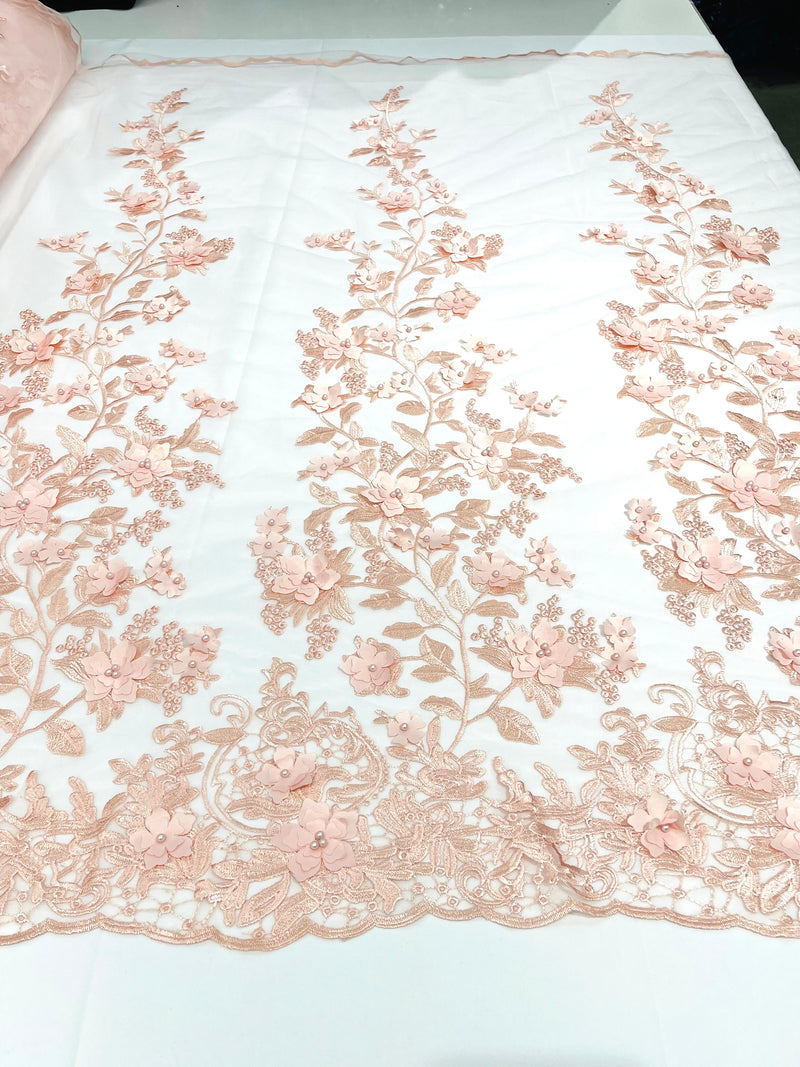 Blush 3d floral princess design embroider with pearls on a mesh lace-sold by the yard