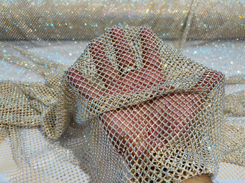 Fish Net Fabric Soft Stretch 45 Wide AB Iridescent Rhinestones-sold b