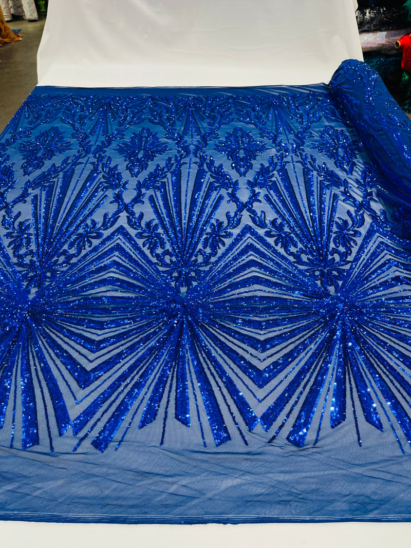 Royal blue sequin damask design on a 4 way stretch mesh- sold by the yard.