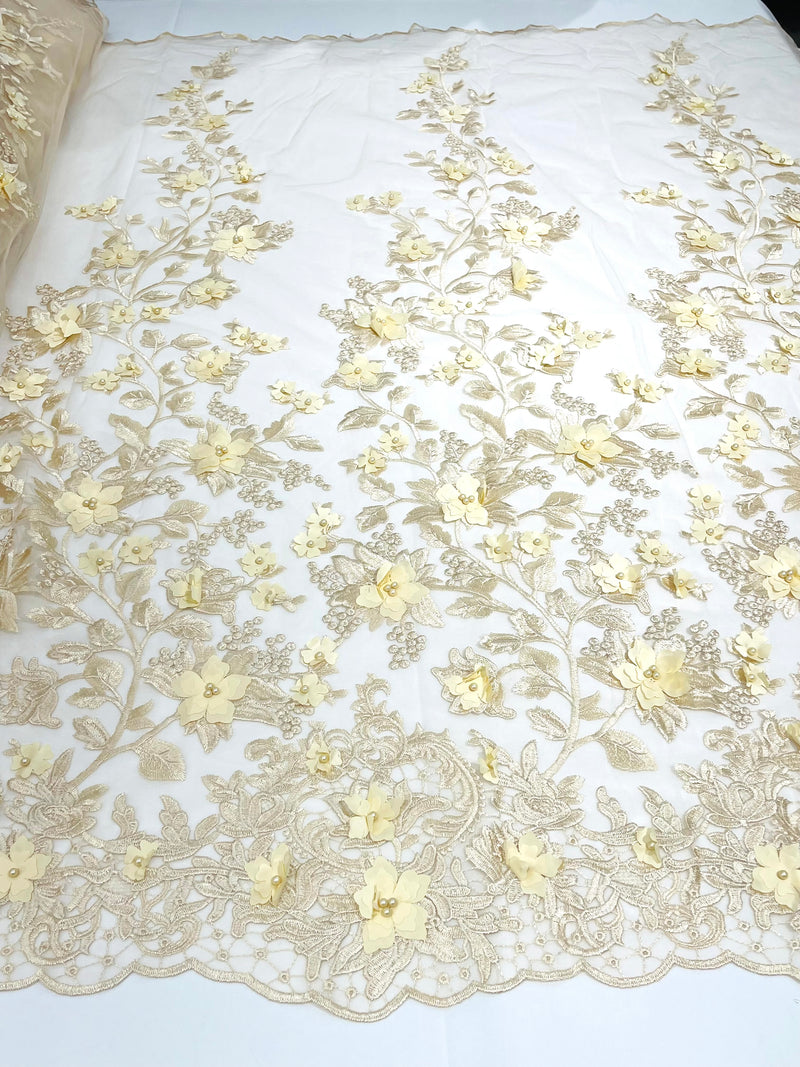 Princess 3d floral design embroider with pearls in a mesh lace-sold by the yard.
