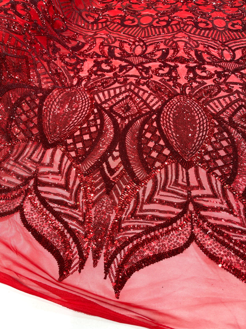 Red royalty design on a 4 way stretch mesh-prom-sold by the yard.