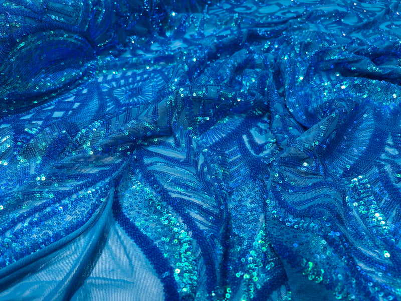 Turquoise iridescent royalty design on a 4 way stretch mesh-prom-sold by the yard.