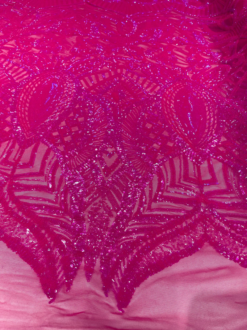 Neon pink iridescent royalty design on a 4 way stretch mesh-prom-sold by the yard.