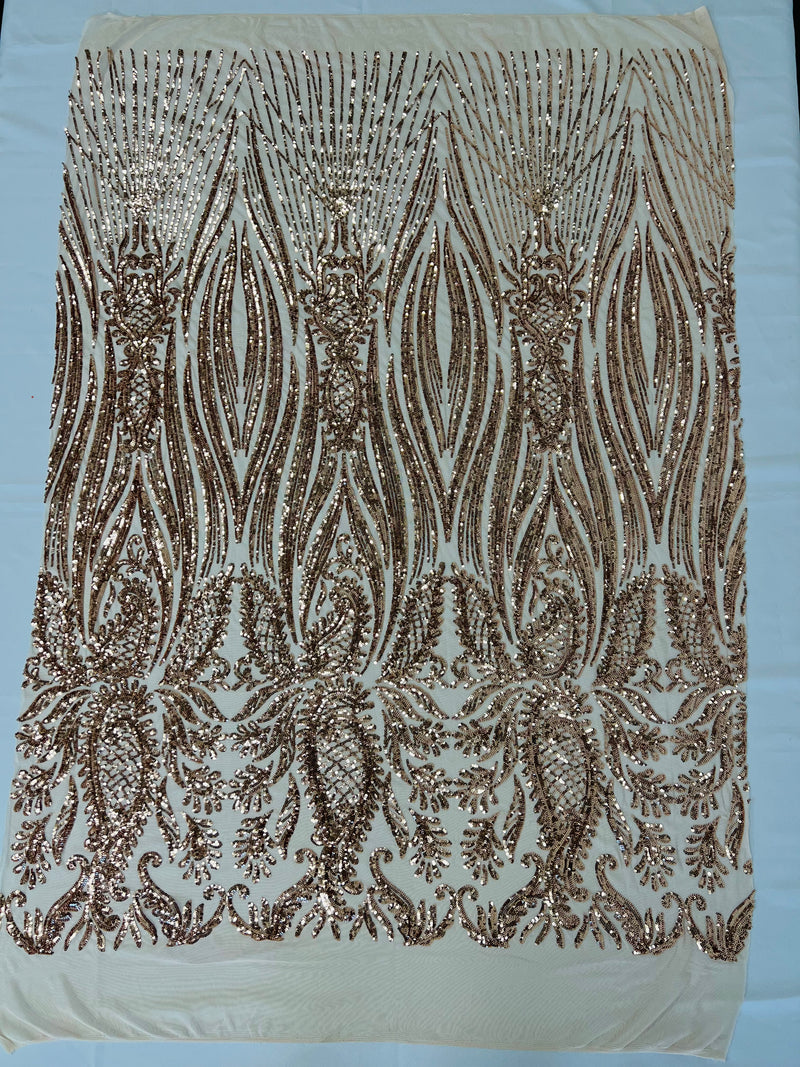 Paisley sequin design on a nude 4 way stretch mesh-prom-sold by the yard.