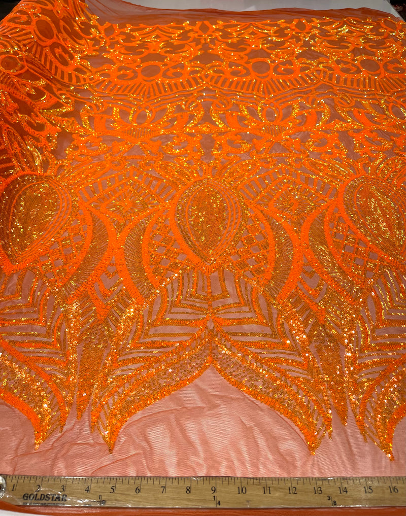 Neon Orange iridescent royalty design on a 4 way stretch mesh-prom-sold by the yard.