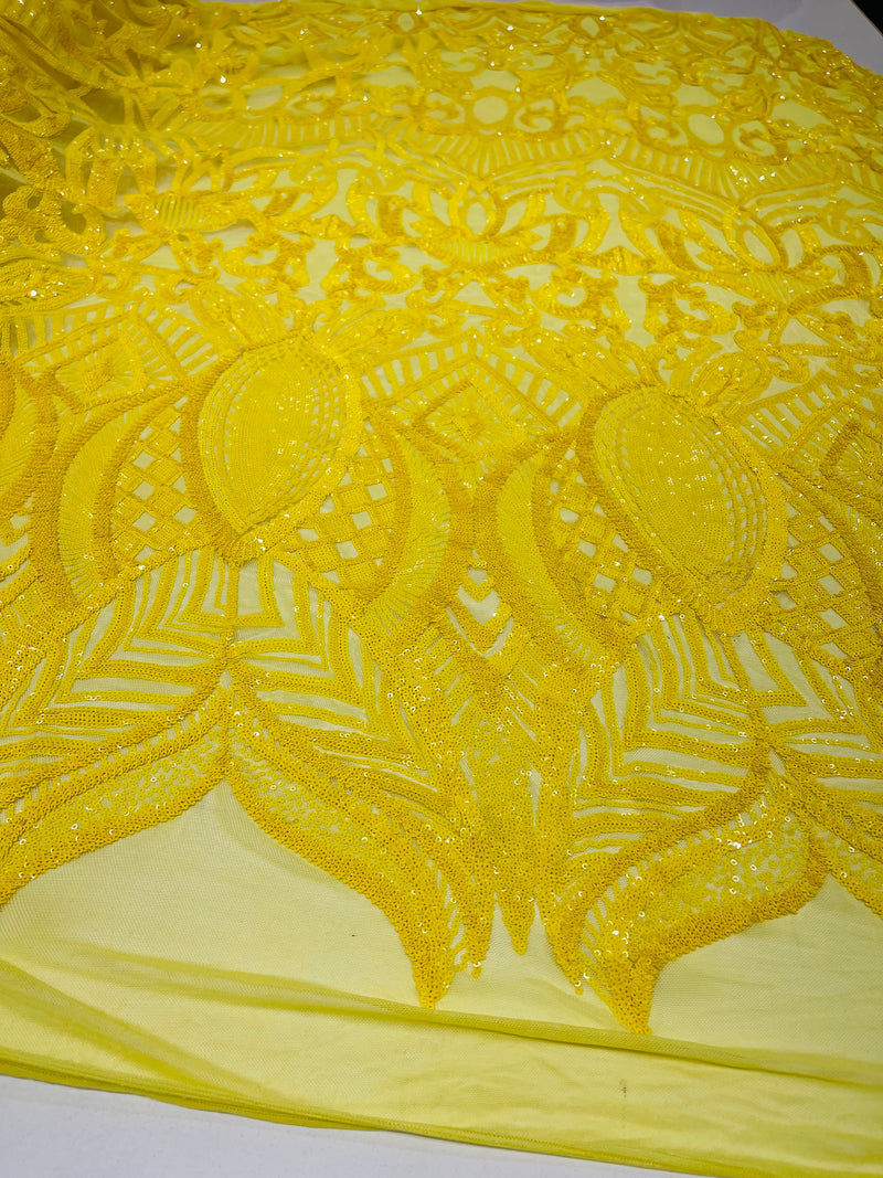 Bright Yellow royalty design on a 4 way stretch mesh-prom-sold by the yard.