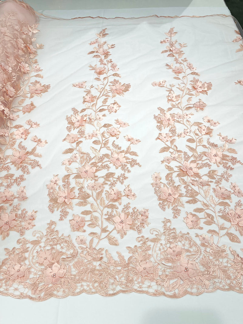 Blush 3d floral princess design embroider with pearls on a mesh lace-sold by the yard