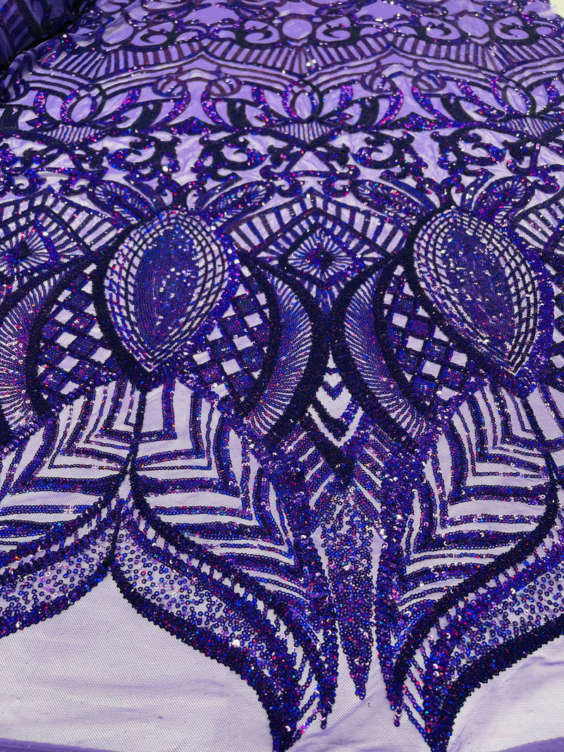 Purple iridescent royalty design on a 4 way stretch mesh-prom-sold by the yard.
