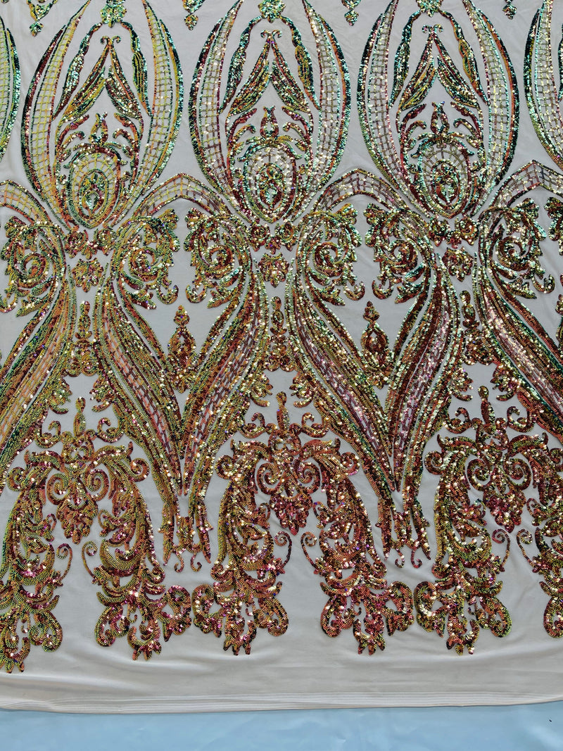 Empire Damask design with sequins embroider on a 4 way stretch mesh fabric-sold by the yard.