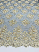 Floral corded embroider with glitter sequins on a mesh lace fabric-sold by the yard