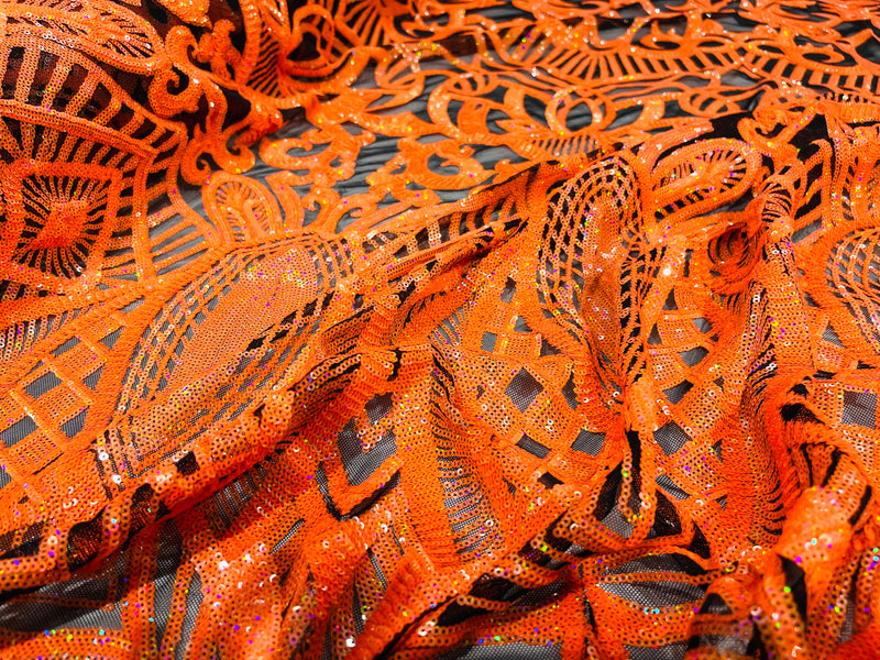 Neon Orange iridescent royalty design on a black 4 way stretch mesh-prom-sold by the yard.