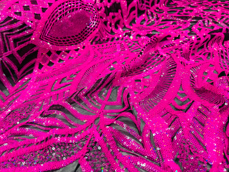 Neon Pink iridescent royalty design on a black 4 way stretch mesh-prom-sold by the yard.