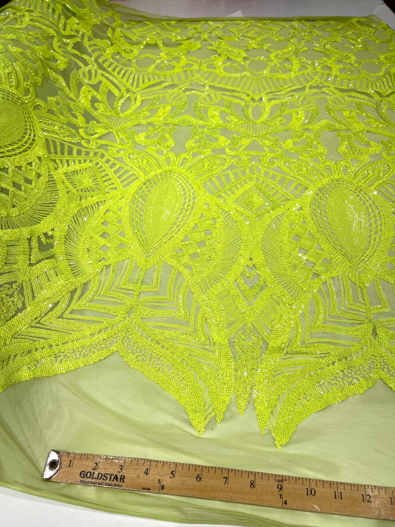 Neon Green iridescent royalty design on a green 4 way stretch mesh-prom-sold by the yard.