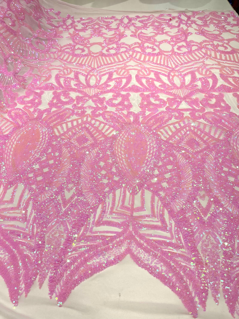 Candy Pink iridescent royalty design on a light pink 4 way stretch mesh-prom-sold by the yard.